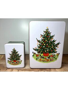 Set Of 2 Christmas Heritage By Pfaltzgraff Holiday Tins With Tree Green & White